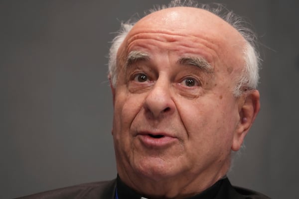 Bishop Vincenzo Paglia presents the conference "The End of the World? Crises, Responsibilities, Hopes" in the Vatican press room in Rome, Monday, Mar. 3, 2025. (AP Photo/Domenico Stinellis)