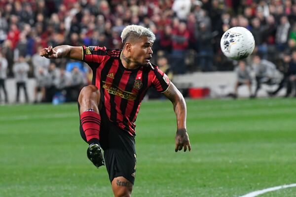 Atlanta United forward Josef Martinez fires a shot on goal against Motagua FC during the first half of soccer in the Scotiabank Concacaf Champions League, Tuesday, Feb. 25, 2020, in Kennesaw, Ga. (John Amis, Atlanta Journal Constitution)