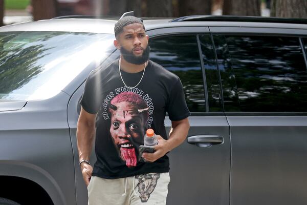 Falcons wide receiver KhaDarel Hodge arrives for Falcons training camp at the Falcons Practice Facility Tuesday, July 26, 2022, in Flowery Branch, Ga. (Jason Getz / Jason.Getz@ajc.com)