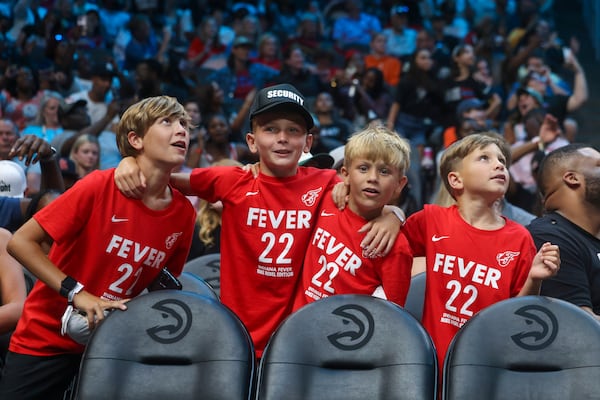 Young fans of Indiana Fever guard Caitlin Clark cheer on the Indiana Fever during the Fever game against the Atlanta Dream at State Farm Arena, Friday, June 21, 2024, in Atlanta. Indiana won 91-79. (Jason Getz / AJC)
