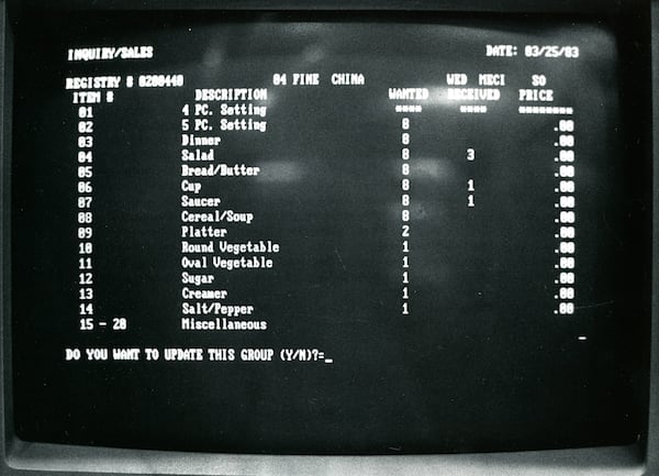 Oh the wonders of computers! Here is someone's computerized bridal registry at Rich's on March 25, 1983. Photo: Louie Favorite