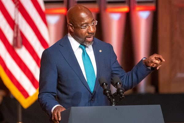 U.S. Sen. Raphael Warnock, D-Ga., will receive the John Lewis Lifetime Legacy Award during the March on Washington Film Festival's Annual Awards Gala in Washington tonight. He is pictured speaking to students at Morehouse College in Atlanta on Tuesday, September 26, 2023. (Arvin Temkar/arvin.temkar@ajc.com)