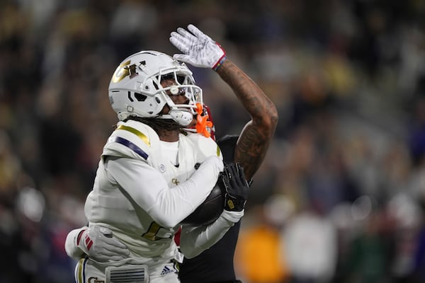 Georgia Tech wide receiver Eric Singleton Jr. (2) misses a pass during the first half of an NCAA college football game against North Carolina State, Thursday, Nov. 21, 2024, in Atlanta. (AP Photo/Brynn Anderson)