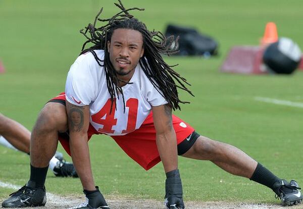 FILE PHOTO: Falcons rookie safely Dezmen Southward warms up during the first day of minicamp for rookies Friday, May 16, 2014 at the Falcons complex in Flowery Branch. HYOSUB SHIN / HSHIN@AJC.COM