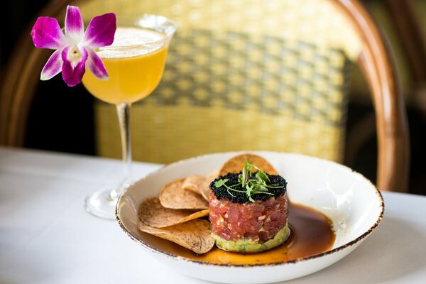 Ca Song Spicy Yellowfin Tuna Tartare with Hass Avocado, Sweet Chili, Baker Farm Cucumber, Red Shiso, Soy Caviar, and Taro Chips. Photo credit- Mia Yakel.