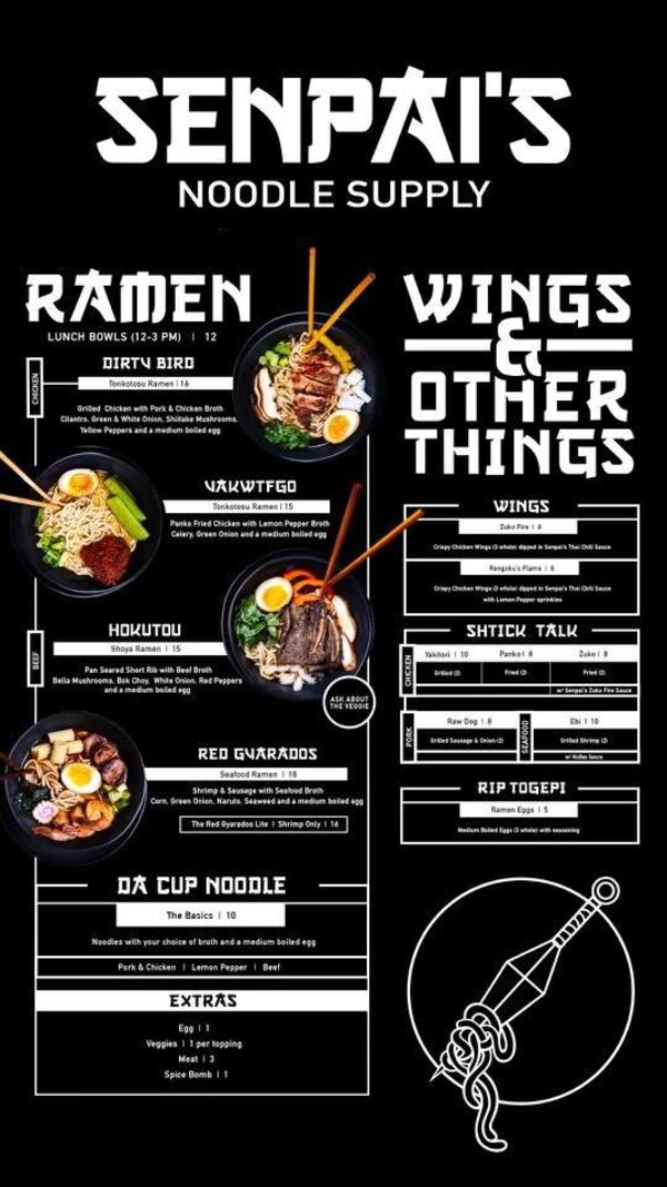 Senpai's Noodle Supply menu