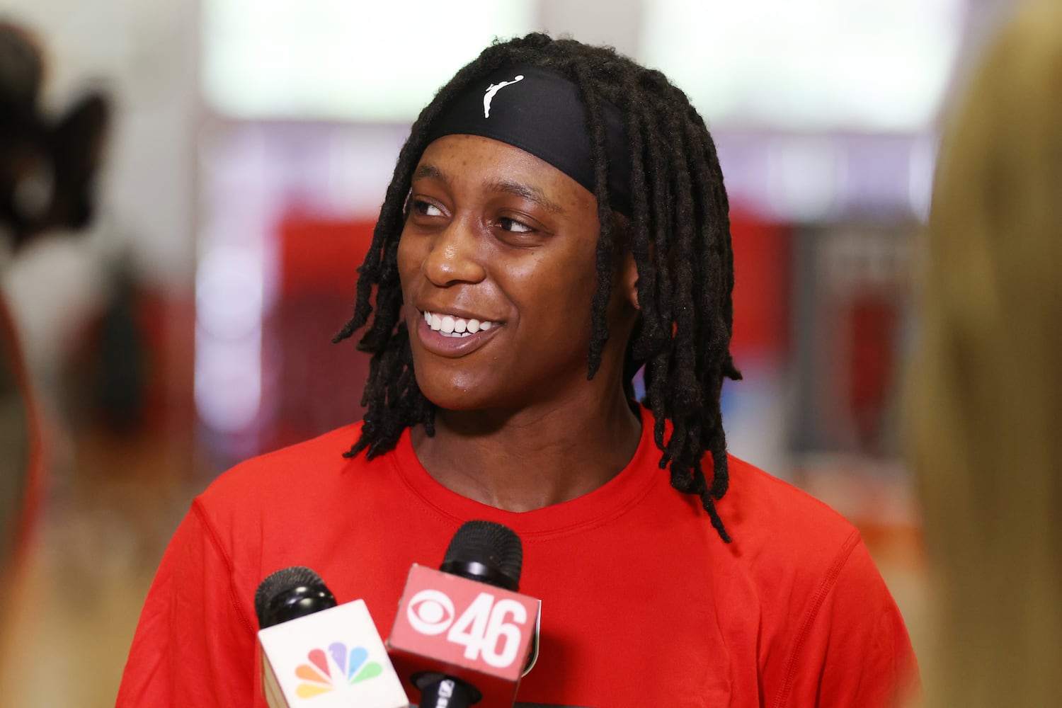 Atlanta Dream guard Que Morrison talks to press members during a session at the Atlanta Dream training camp in Chamblee on Monday, April 18, 2022. Miguel Martinez/miguel.martinezjimenez@ajc.com