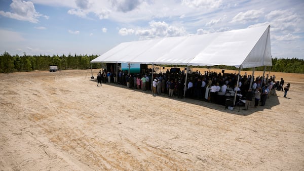 Governor Brian P. Kemp and Hyundai Motor Group President and CEO Jae Hoon Chang are among the VIPs under a tent Friday, May 20, 2022 on the site where the South Korean automotive giant plans to build an electric vehicle plant in Ellabell, Ga. Hyundai plans to build a multi-billion-dollar electric vehicle assembly and battery plant outside of Savannah that eventually could employ about 8,100 workers. (AJC Photo/Stephen B. Morton)