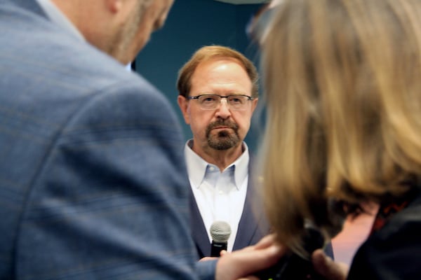 Rep. Chuck Edwards talks during a town hall in Asheville, N.C. on Thursday, March 13, 2025. (AP Photo/Makiya Seminera)