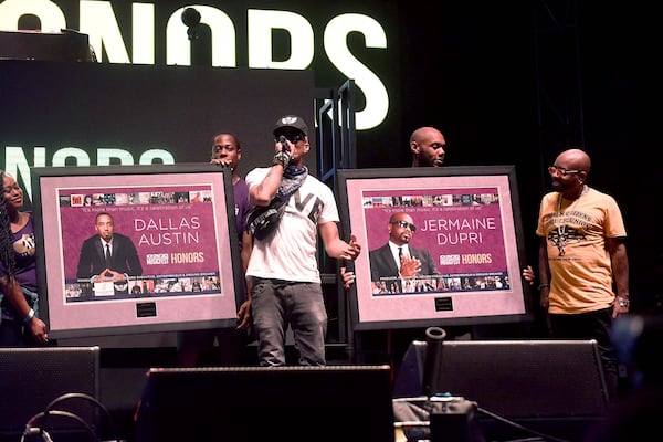 Music producers Dallas Austin (center) and Jermaine Dupri (right) were recognized and honored at the 2019 One Musicfest, which is celebrating its 10th anniversary at Centennial Park. RYON HORNE/RHORNE@AJC.COM