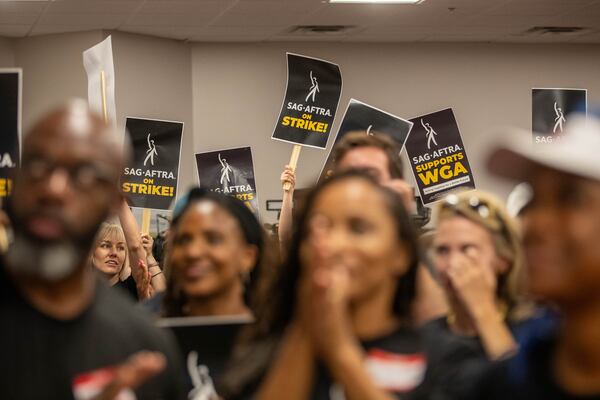 Union members of SAG-AFTRA join with supporters at a rally to discuss the strike and how important it is in Atlanta on Monday, July 17, 2023. (Katelyn Myrick/katelyn.myrick@ajc.com)