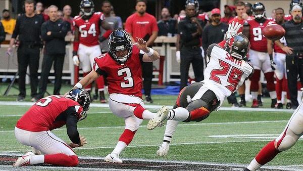 Former Atlanta Falcons kicker Matt Bryant just gets off the field goal for a 34-29 lead over the Tampa Bay Buccaneers during the final minute Sunday, Oct. 14, 2018, in Atlanta. Is this the end of the line for the 44-year-old kicker? 