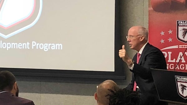 Falcons president Rich McKay discussing opportunities in collegiate athletics before introducing Georgia Tech athletic director Todd Stansbury during a post-NFL career seminar for the players at NCR on Thursday, Feb. 22,2 018. (Photo by D. Orlando Ledbetter/dledbetter@ajc.com)