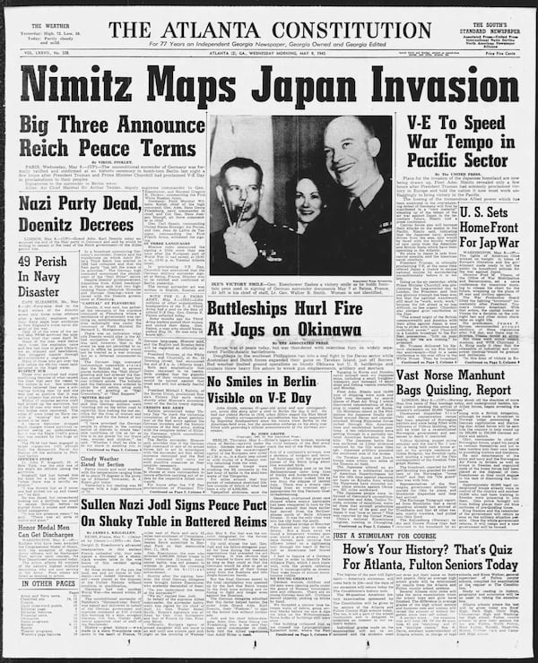 The Atlanta Constitution front page on May 9, 1945.