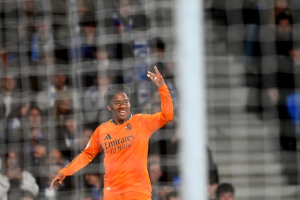 Real Madrid's Endrick celebrates after scoring his side's opening goal during the Spanish Copa del Rey soccer match between Real Sociedad and Real Madrid at the Reale Arena in San Sebastian, Spain, Wednesday, Feb. 26, 2025. (AP Photo/Miguel Oses)