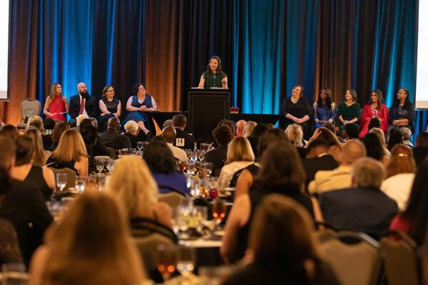 Holly Witcher, a special education teacher at Tesnatee Gap Elementary School in White County, was named 2025 Georgia Teacher of the Year. She shares the stage with other finalists for the honor. (Courtesy of the Georgia Department of Education)