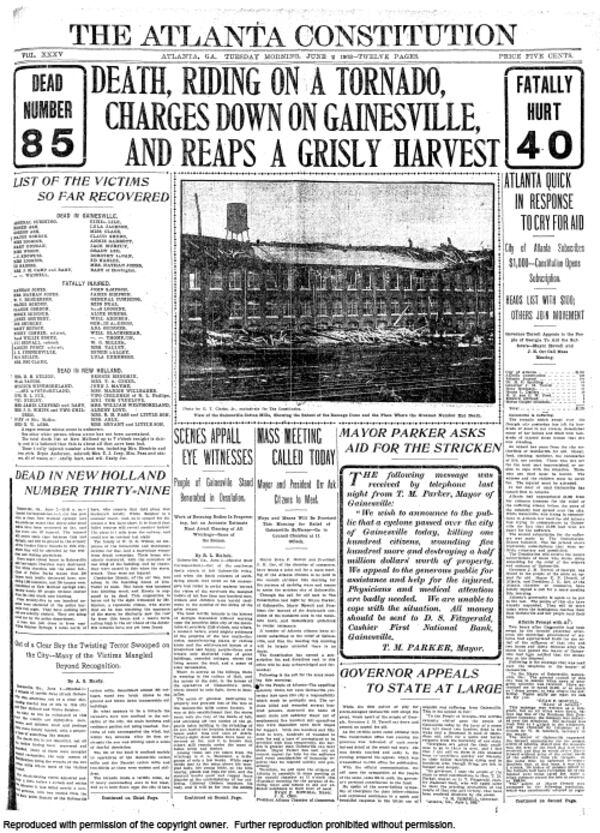 June 1903 -- A deadly tornado ripped through Gainesville, destroying businesses and homes. Over 100 people were killed, including several children working in a mill.