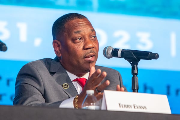 Clayton County Sheriff candidate Terry Evans debates at Tabernacle of Praise Church International in Jonesboro on Tuesday, Jan 31, 2023. (Jenni Girtman for Atlanta Journal-Constitution)