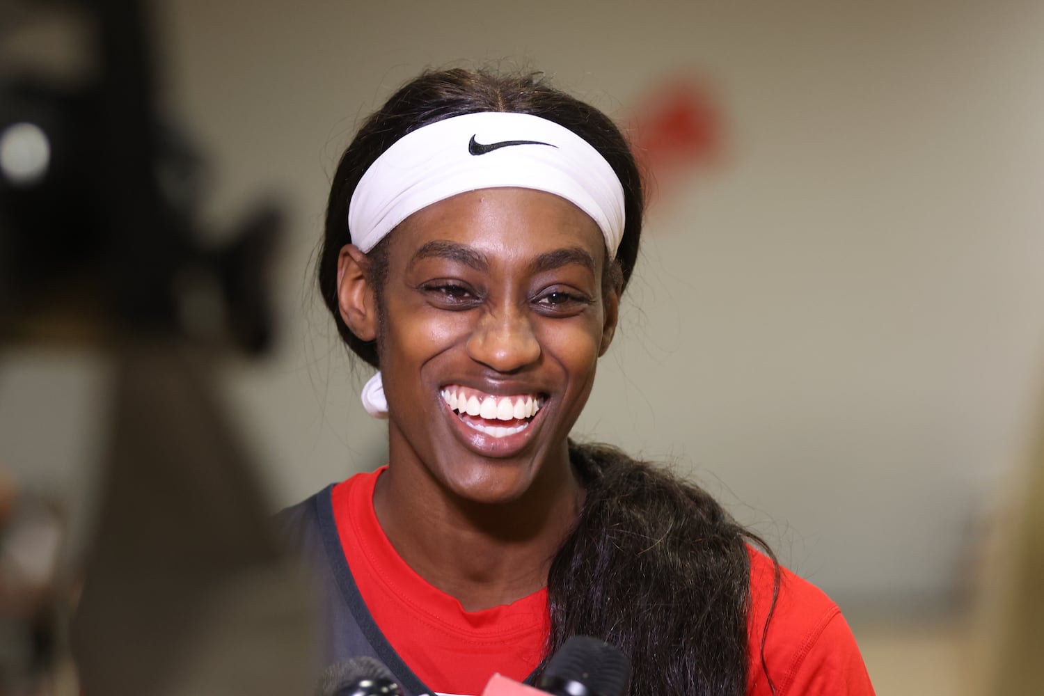 Atlanta Dream guard Maya Caldwell talks to press members during a session at the Atlanta Dream training camp in Chamblee on Monday, April 18, 2022. Miguel Martinez/miguel.martinezjimenez@ajc.com