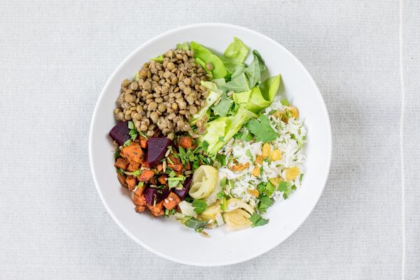 In Stop Think Chew’s Eat Me Up Lentil Bowl, the sweetness of the beets, raisins and balsamic vinegar brings out the sweetness of the lentils and brightens their earthy flavor. Courtesy of Kate Blohm