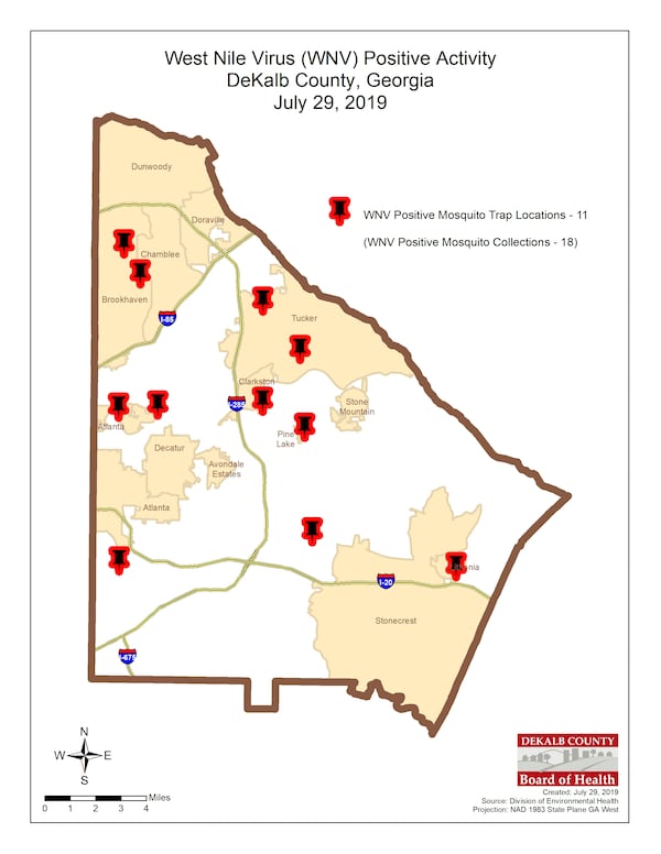 This map shows where mosquitoes tested positive for the West Nile virus. (DeKalb County Board of Health)