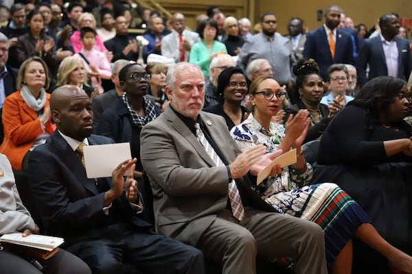 Jack Longino, who had been mayor 24 years, claps during the swearing in ceremony for new College Park mayor Bianca Motley Broom on Jan. 6, 2020. (Courtesy the City of College Park)