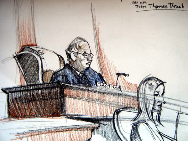 U.S. District Court Judge Thomas Thrash, shown in this courtroom sketch, has issued a stay for some civil proceedings due to the federal government shutdown.