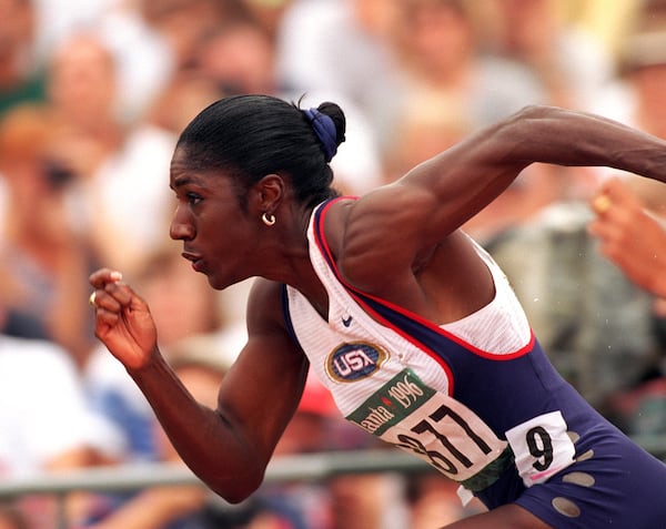 Gwen Torrence at the start of a 100-meter qualifier Friday, July 26, 1996, during the track and field competitions at the Olympic Stadium in Atlanta. (Rich Addicks/AJC)