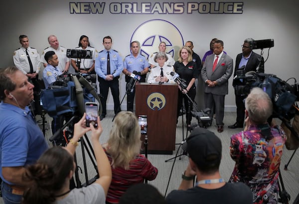 New Orleans Police Superintendent Anne Kirkpatrick shares information about the investigation of Sunday's shootings during a press conference at the NOPD headquarters on Poydras Street in New Orleans, Monday, Nov. 18, 2024. (David Grunfeld/The Times-Picayune/The New Orleans Advocate via AP)