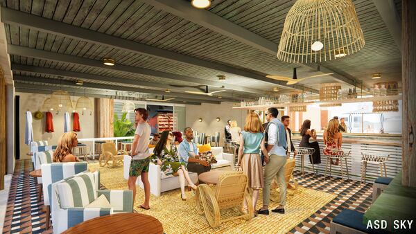 A rendering of the pool bar at L.O.A. in the Interlock. Courtesy of Slater Hospitality