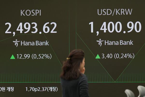 A currency trader walks by the screens showing the Korea Composite Stock Price Index (KOSPI), left, and the foreign exchange rate between U.S. dollar and South Korean won at a foreign exchange dealing room in Seoul, South Korea, Friday, Nov. 22, 2024. (AP Photo/Lee Jin-man)