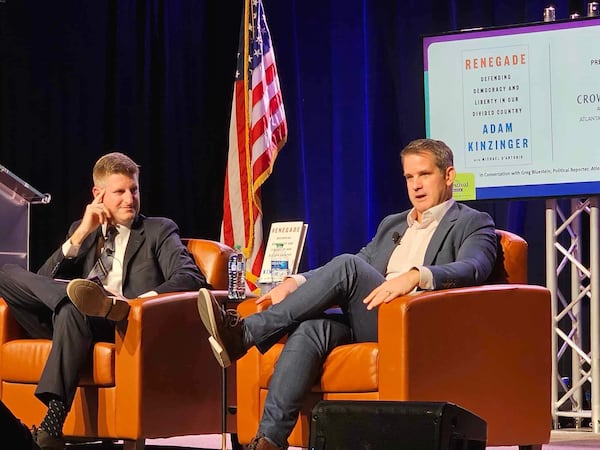 Atlanta Journal-Constitution reporter Greg Bluestein interviews former Republican U.S. Rep. Adam Kinzinger of Illinois at the Book Festival of the MJCCA on Nov. 18, 2023. (Courtesy photo)