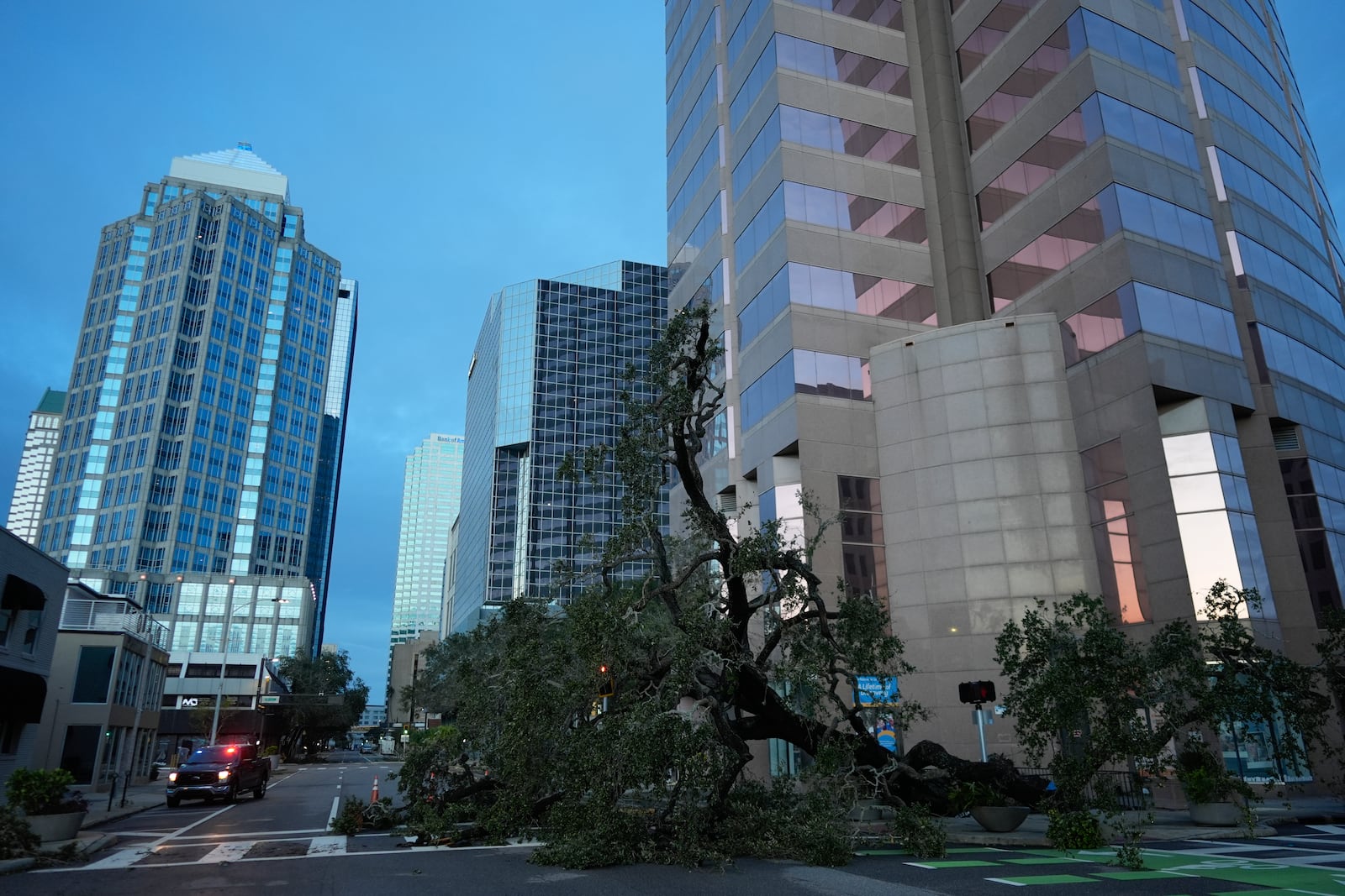 A downed tree lies across a road after the passage of Hurricane Milton, in downtwon Tampa, Fla., Thursday, Oct. 10, 2024. (AP Photo/Rebecca Blackwell)