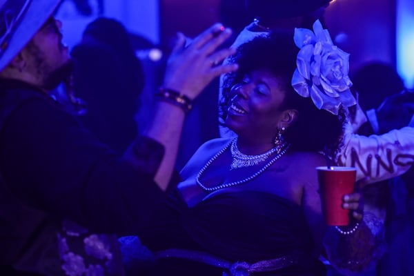 Sir Roberts and Alexis Mathis  dance at The Jheri Curl, a spinoff event of Slow Drag, the monthly dance party that celebrates ’70s soul music at Atlantucky Brewing in Atlanta on Sunday, Feb. 16, 2025. (Natrice Miller/ AJC)