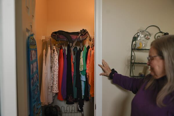 Crystal Luke points to the closet in her home where she took shelter during the tornado that hit LaGrange in January 2023.