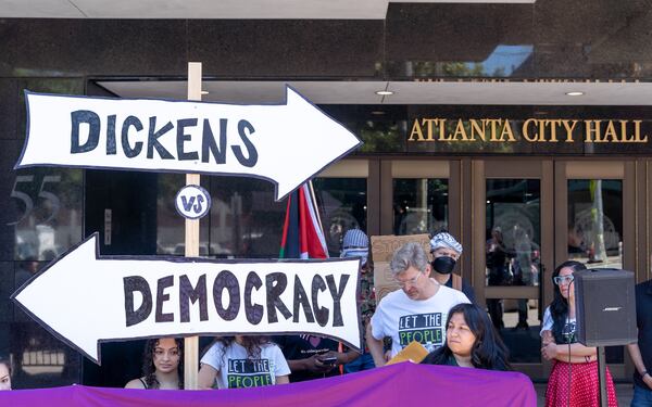 Opponents of the Atlanta Public Safety Training Center gathered at Atlanta City Hall on Monday to protest its continued construction, on Monday, May 20, 2024. (Ben Hendren for the Atlanta Journal Constitution)