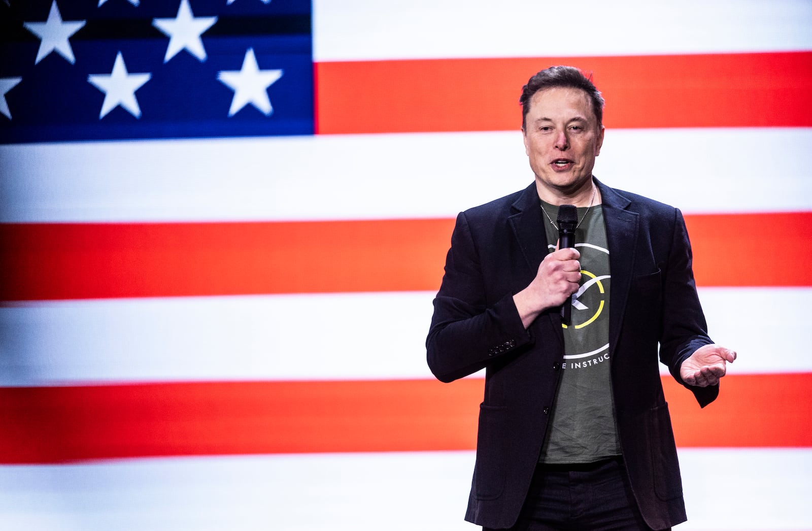 Elon Musk speaks at Life Center Church in Harrisburg, Pa., Saturday, Oct. 19, 2024. (Sean Simmers/The Patriot-News via AP)