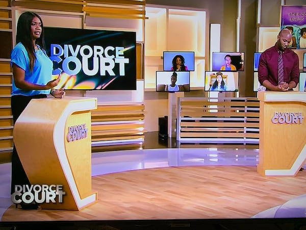 The new set of "Divorce Court" for Faith Jenkins, shot at Georgia Public Broadcasting in Midtown Atlanta. Shay Garndner (left) of Tyler, Texas wants to divorce her husband Kenneth Gardner over cheating allegations. CR: Divorce Court