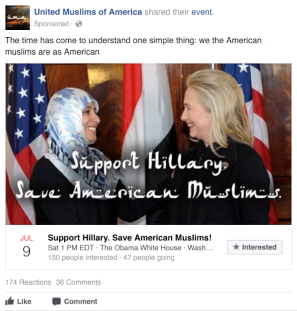 A Russian ad targets American Muslims and supporters of American Muslims and makes an association with Hillary Clinton. This event in Washington, D.C. was organized by Russian trolls.