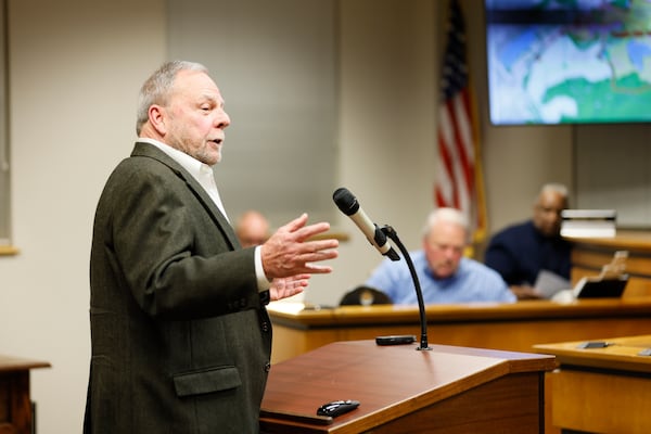 Jim Ramseur, executive vice president with Lee & Associates and representative for the property owner, speaks during the Bartow County Planning Commission meeting Monday at the Frank Moore Administration and Judicial Center. Miguel Martinez/AJC