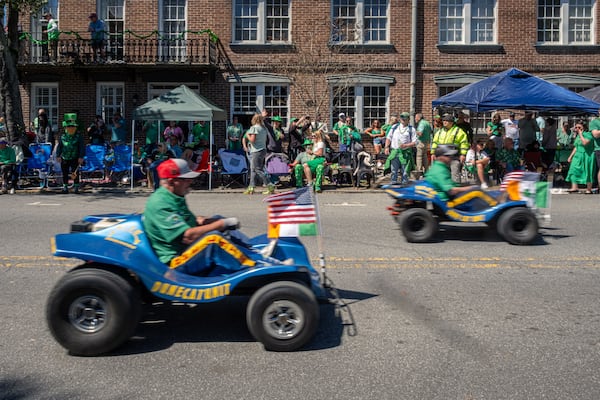 Dune buggies from the Alee Temple during the 201st Savannah St. Patrick’s Day Parade on March 17, 2025 in Savannah, GA. (Justin Taylor for the Atlanta Journal-Constitution)