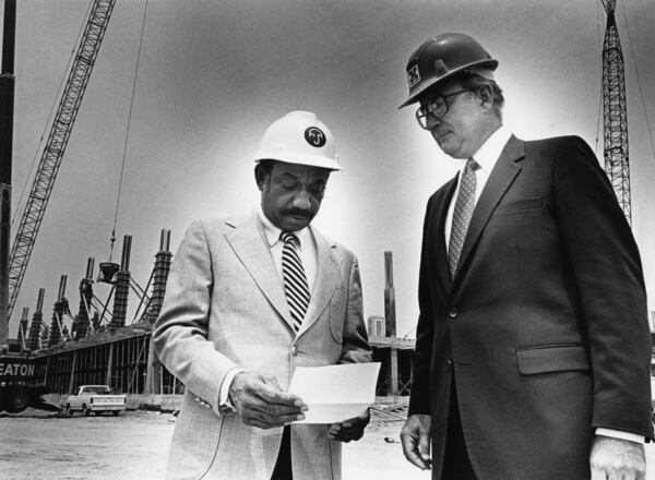 H.J. Russell (left) and Bob Holder at the construction site of the Delta building near Virginia Avenue in Atlanta on Aug. 8, 1983. Lanna Swindler/AJC 1983