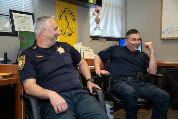 Lt. Paul Corso (L) and Master Deputy Jason Cotton talk about their experience on the police reality TV show “Live PD” at Gwinnett County Sheriff’s Office headquarters May 9, 2019. STEVE SCHAEFER / SPECIAL TO THE AJC