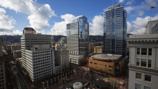 Downtown Portland, Ore., shot from the roof of the Meier and Frank Building in Portland on Thursday, February 23, 2017. At bottom of frame is Pioneer Courthouse Square. (Ellen M. Banner/Seattle Times/TNS)