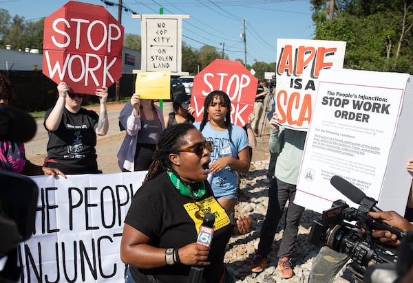 Mary Hooks, with the Movement for Black Lives, speaks with media during a protest at the construction site of Atlanta's planned public safety training center on Constitution Road in Atlanta on Sept. 7, 2023 (Riley Bunch/riley.bunch@ajc.com)