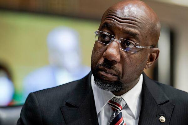 U.S. Sen. Raphael Warnock, D-Ga., during a confirmation hearing on Capitol Hill, on Feb. 3, 2022, in Washington, D.C. (Ken Cedeno/Getty Images/TNS)