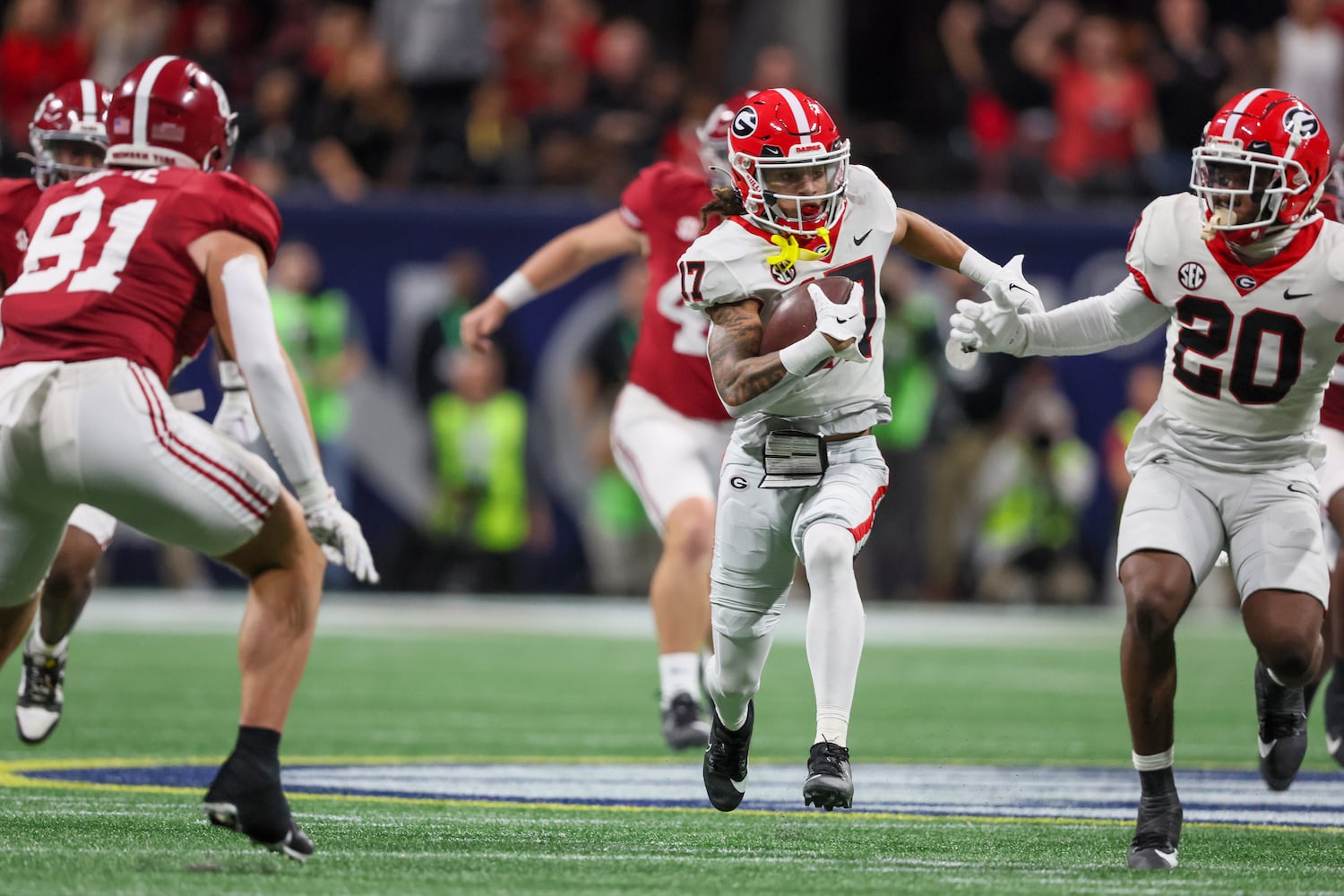 Georgia Bulldogs wide receiver Anthony Evans III (17) runs against the Alabama Crimson Tide during the second half of the SEC Championship football game at the Mercedes-Benz Stadium in Atlanta, on Saturday, December 2, 2023. (Jason Getz / Jason.Getz@ajc.com)