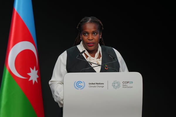 St. Kitts and Nevis Climate Minister Joyelle Clarke speaks during a plenary session at the COP29 U.N. Climate Summit, Tuesday, Nov. 19, 2024, in Baku, Azerbaijan. (AP Photo/Peter Dejong)