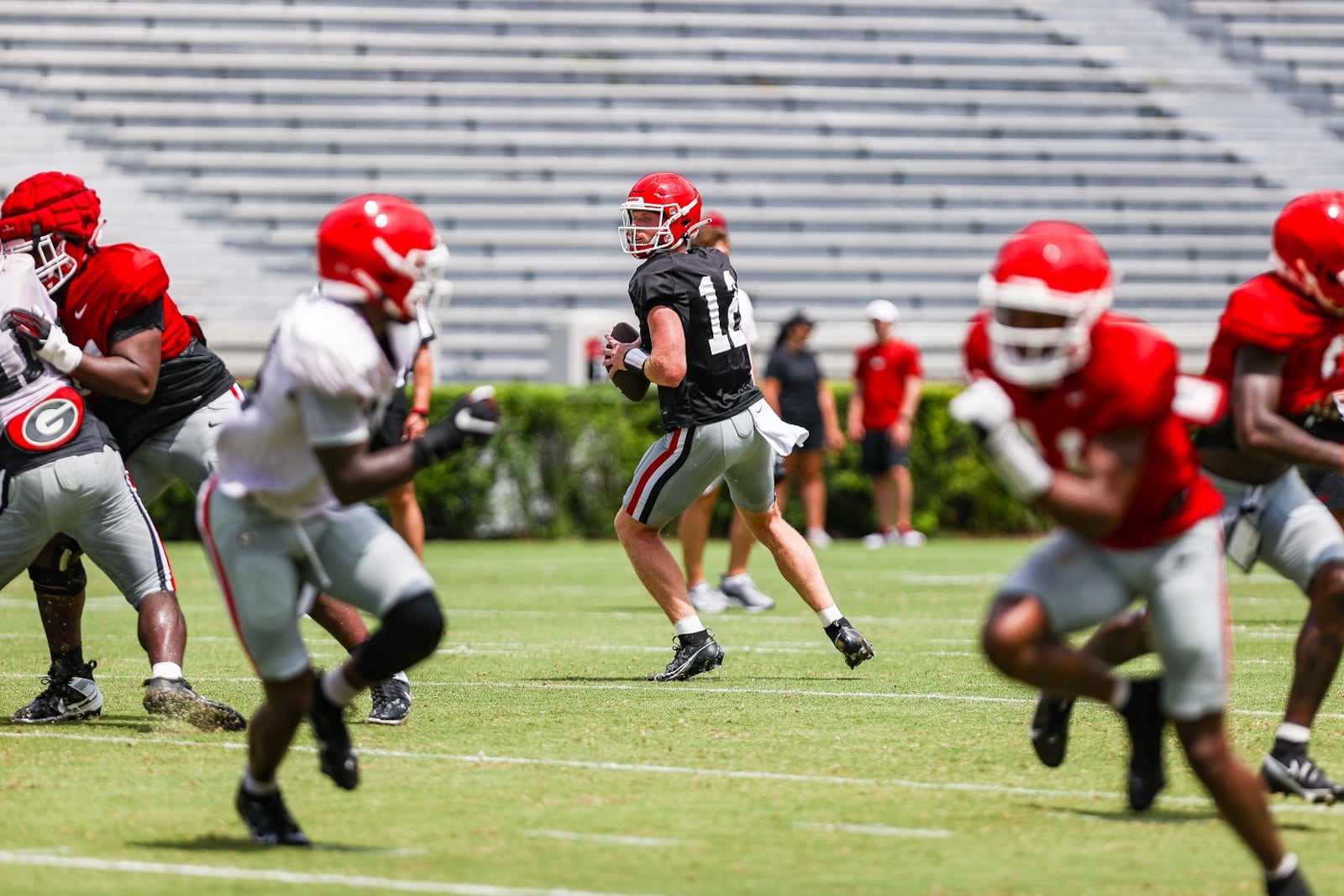 Georgia quarterback Brock Vandagriff (12) during Georgia’s scrimmage on Dooley Field at Sanford Stadium in Athens, Ga., on Saturday, Aug. 12, 2023. (Tony Walsh/UGAAA) 