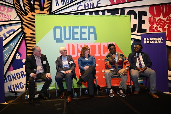 "Queer Justice" is a traveling exhibit that celebrates the 50th anniversary of Lambda Legal advocating for the rights of LGBTQ+ communities. The exhibit opened at the National Center for Civil and Human Rights in January and will be on display until Feb. 16. Kevin Jennings (from left), Judge Jane Morrison, Vandy Beth Glenn, Tim'm West and Dani Alexander-Burk speak on a panel during the exhibit's opening night. Courtesy of Lambda Legal